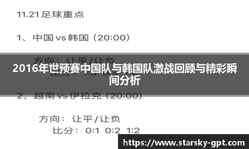 2016年世预赛中国队与韩国队激战回顾与精彩瞬间分析